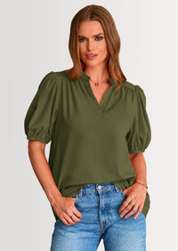 PRETTYGARDEN Womens Casual Summer Tops V Neck Short Puff Sleeve Pleated Cotton T Shirts Loose Dressy Blouses