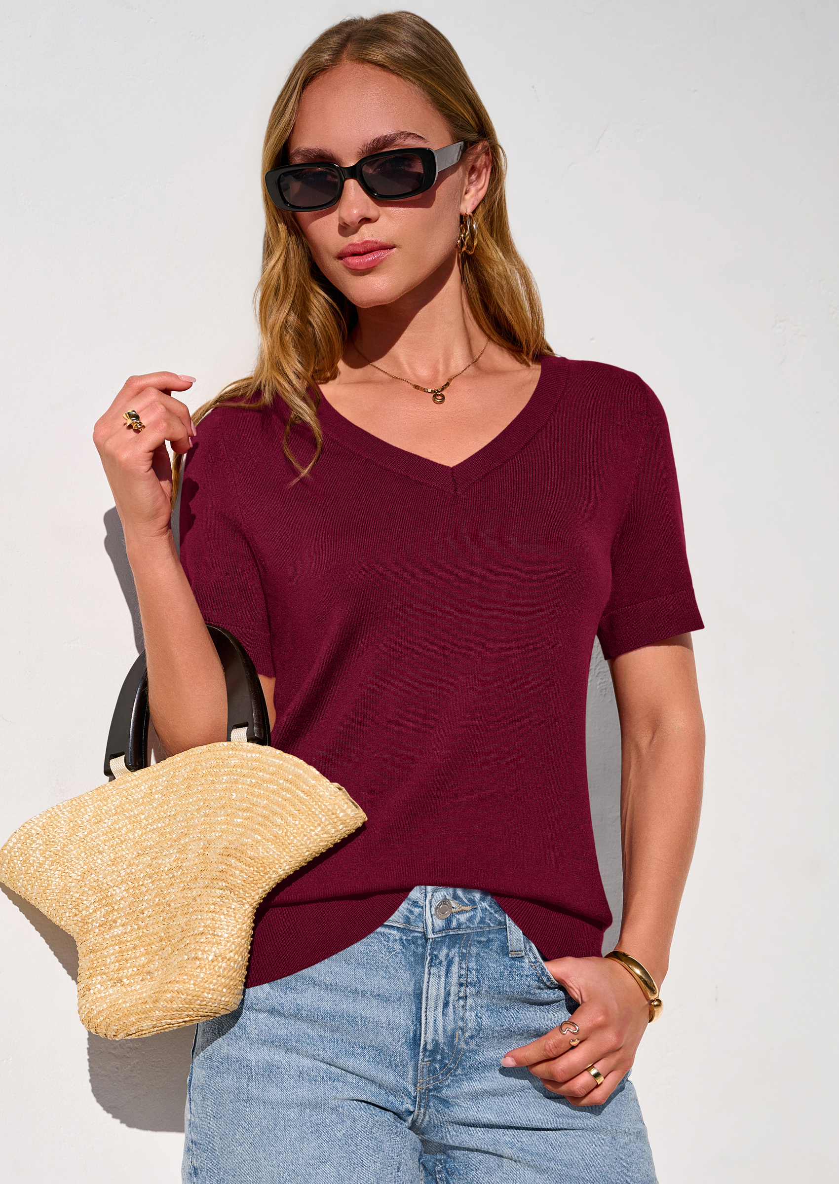 PRETTYGARDEN Womens Short Sleeve Sweater V Neck Trendy Pullover Tops Summer Spring Loose Lightweight Casual Blouse PRETTYGARDEN