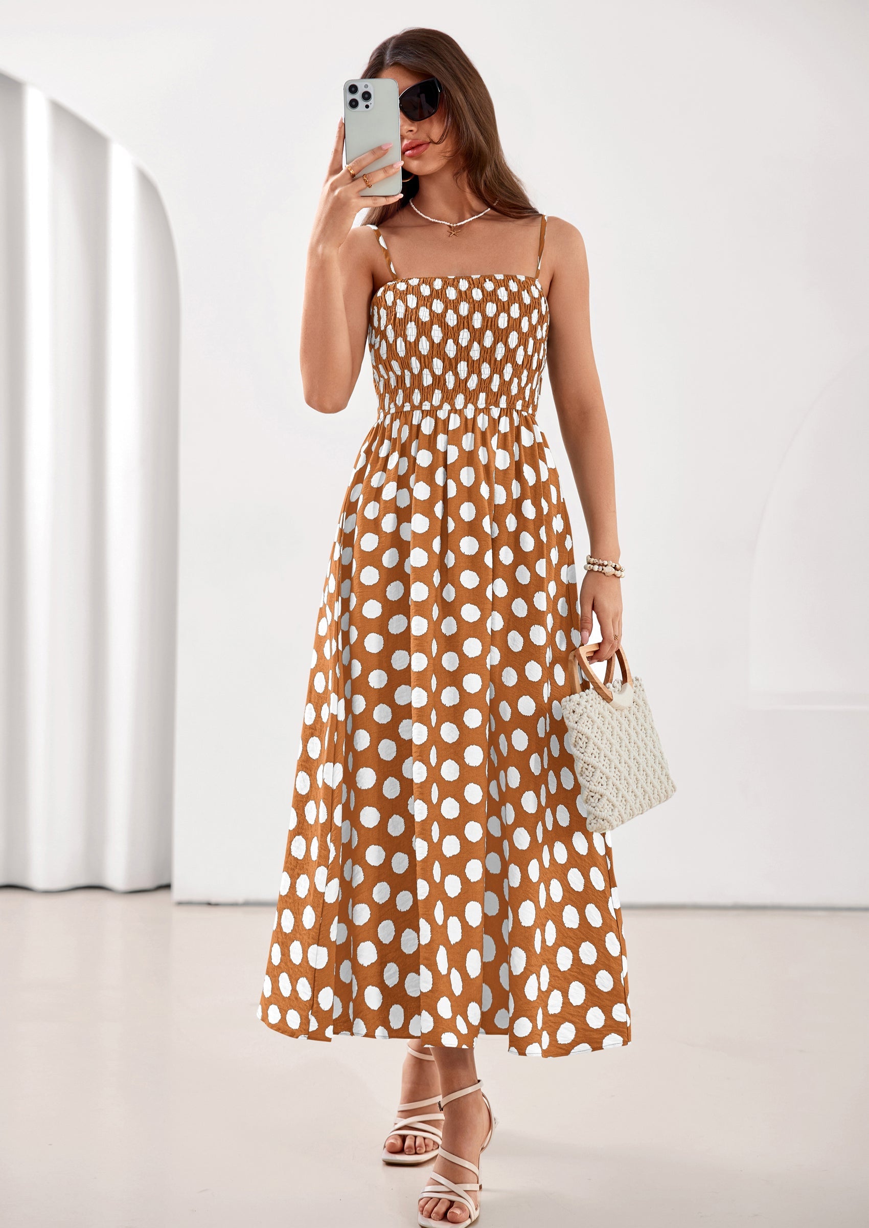 PRETTYGARDEN Womens Summer Dresses Spring Sleeveless Spaghetti Straps Casual Midi Dress Polka Dot Smocked Beach Sundress PRETTYGARDEN