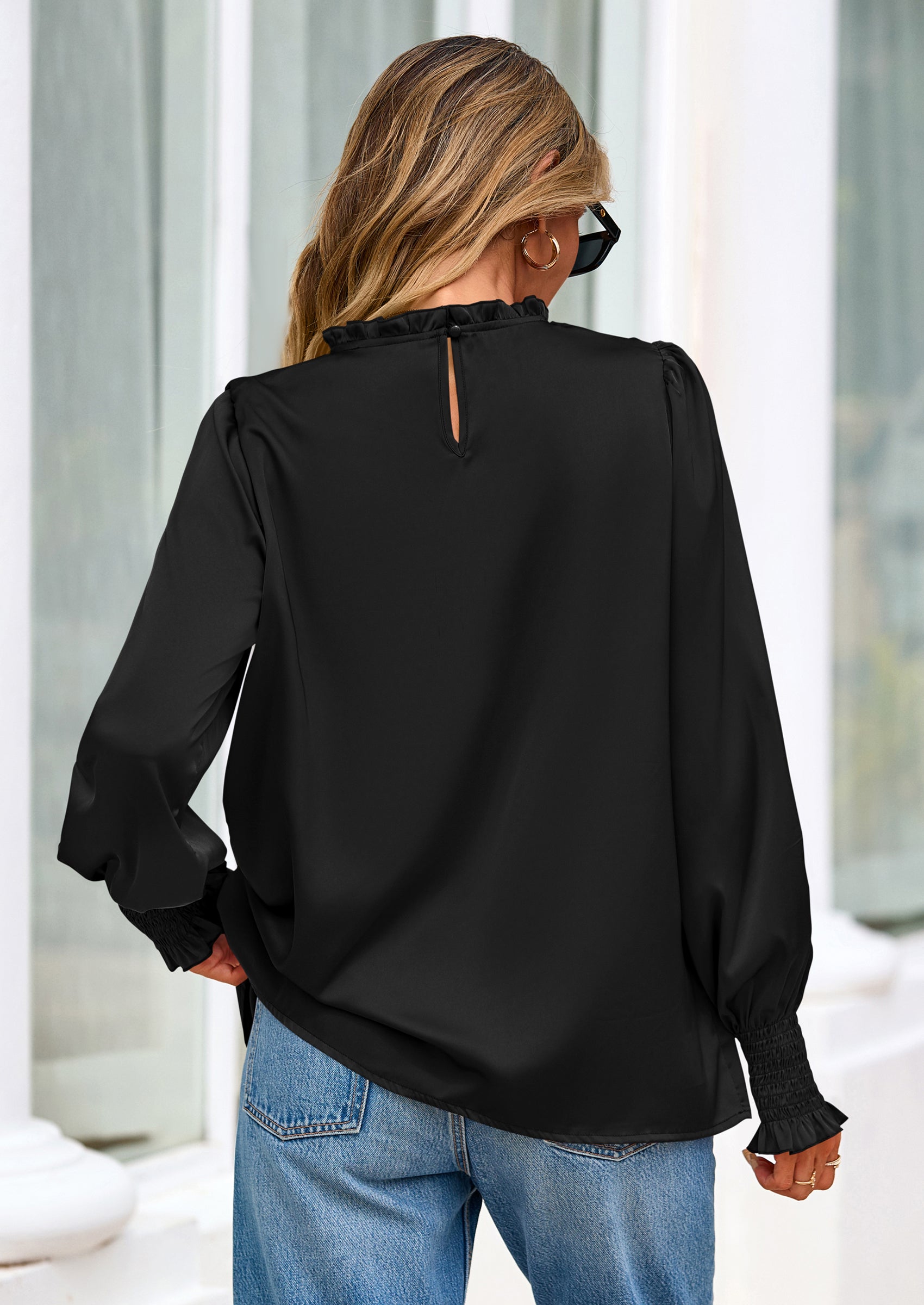 PRETTYGARDEN Blouses for Women Dressy Casual Fall Outfits Frill Neck Long Sleeve Shirts Satin Work Business Casual Tops