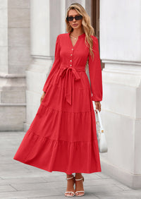 PRETTYGARDEN Fall Dresses for Women Long Sleeve V Neck Belted Ruffle A Line Flowy Boho Maxi Wedding Guest Dress Pockets