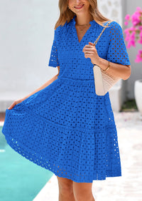 Women's Short Sleeve Mini Dress 2025 Summer V Neck Hollow Out Eyelet Ruffle A Line Swing Short Dresses