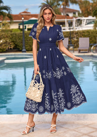 PRETTYGARDEN Boho Dresses for Women Summer Spring Casual Floral Short Sleeve V Neck Maxi Elastic Waist Dress Pockets