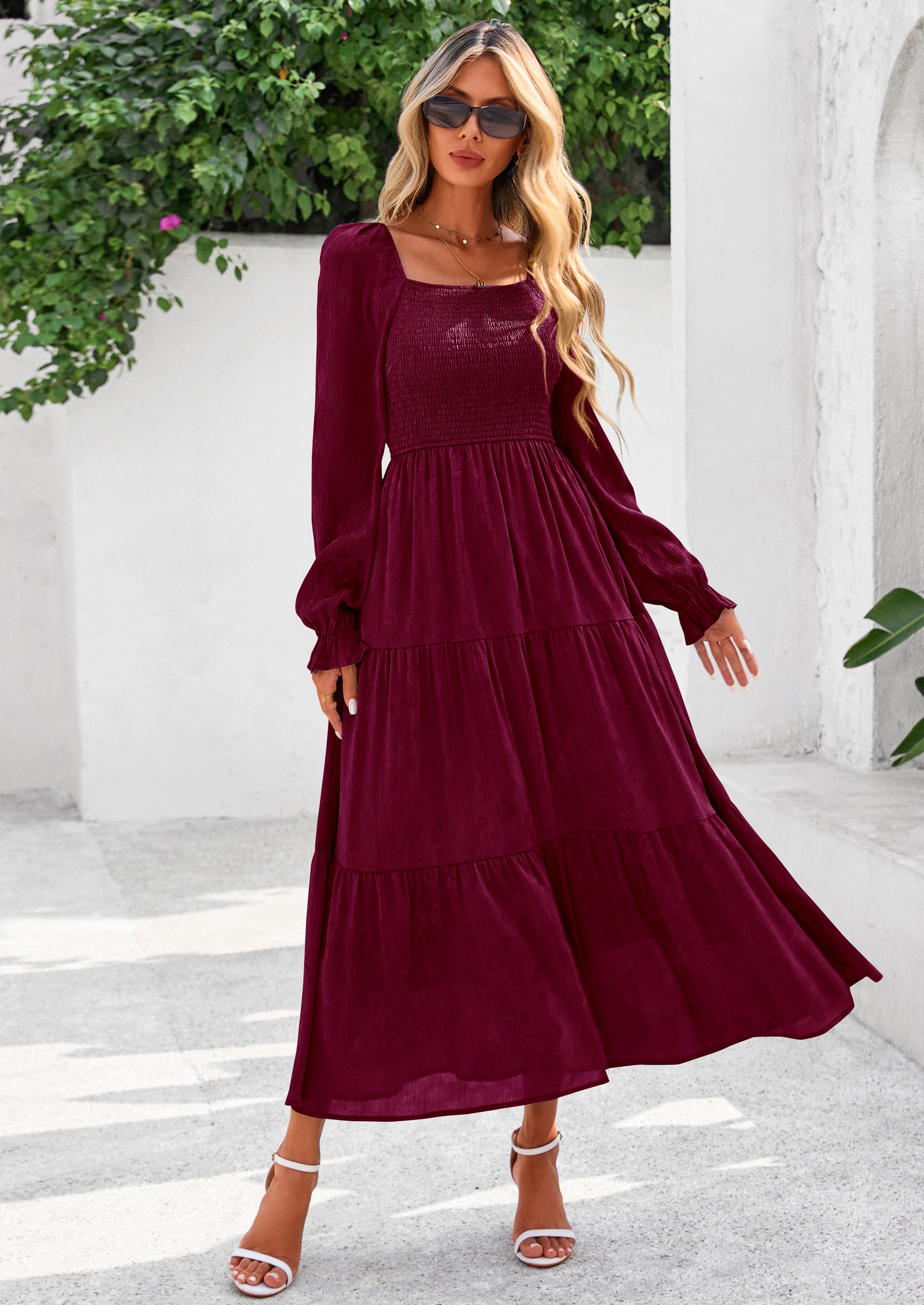PRETTYGARDEN Fall Wedding Guest Dresses for Women Floral Long Sleeve Smocked Tiered Elegant Long Flowy Boho Dress