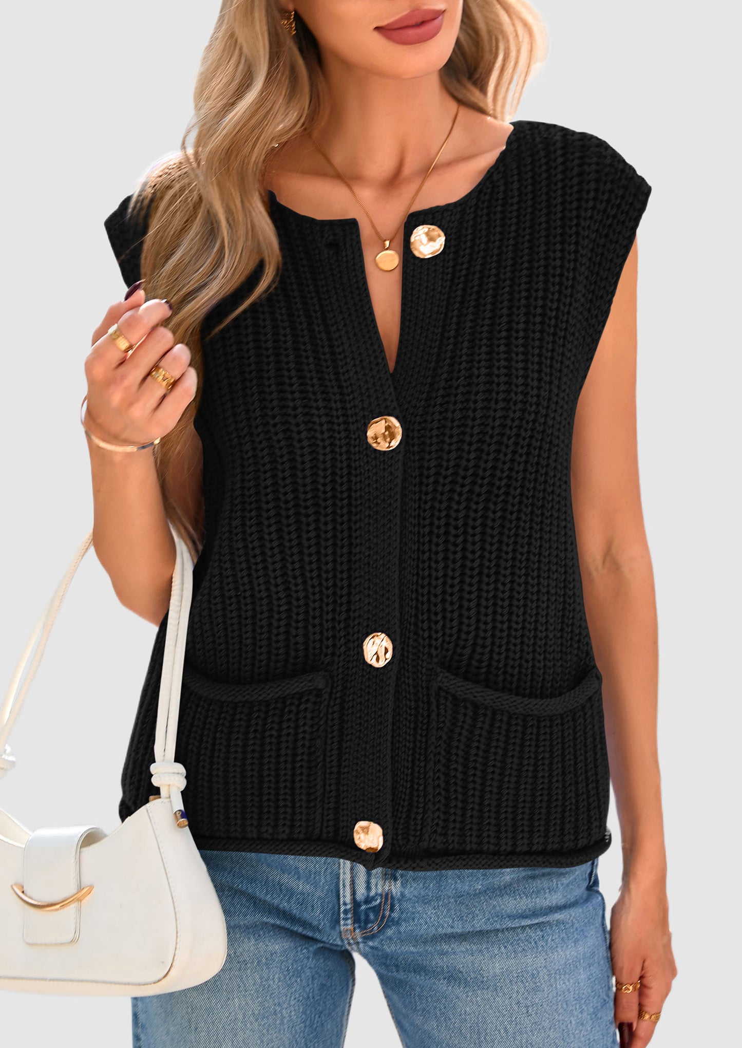 Women's Sweaters Vest 2025 Sleeveless Button Down Cropped Chunky Knit Cardigan Trendy Tank Tops with Pockets