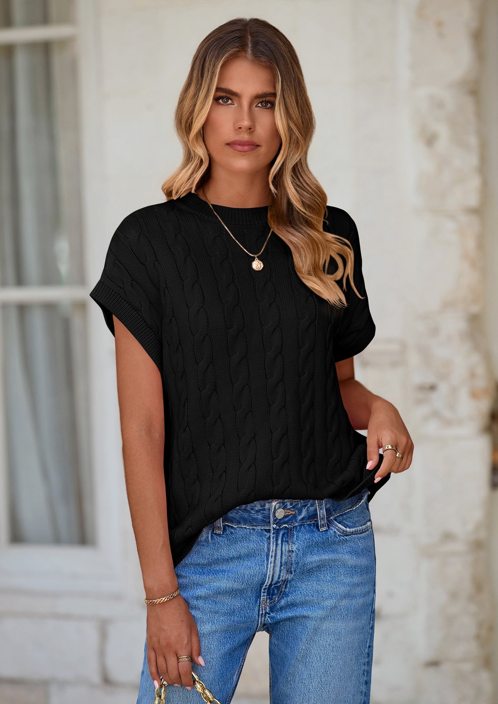 PRETTYGARDEN Women's Sweater Vest Summer Short Sleeve Tops Casual Crewneck Knit Oversized Pullover Trendy Spring Outfits PRETTYGARDEN