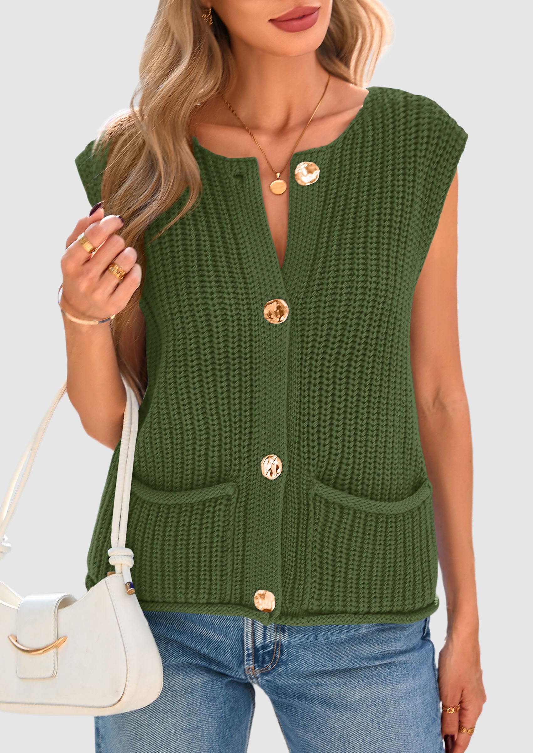PRETTYGARDEN Women's Summer Sweaters Vest Sleeveless Button Down Cropped Pockets Chunky Knit Cardigan Trendy Tank Tops