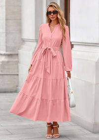 PRETTYGARDEN Fall Dresses for Women Long Sleeve V Neck Belted Ruffle A Line Flowy Boho Maxi Wedding Guest Dress Pockets