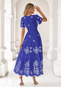 PRETTYGARDEN Boho Dresses for Women Summer Spring Casual Floral Short Sleeve V Neck Maxi Elastic Waist Dress Pockets PRETTYGARDEN