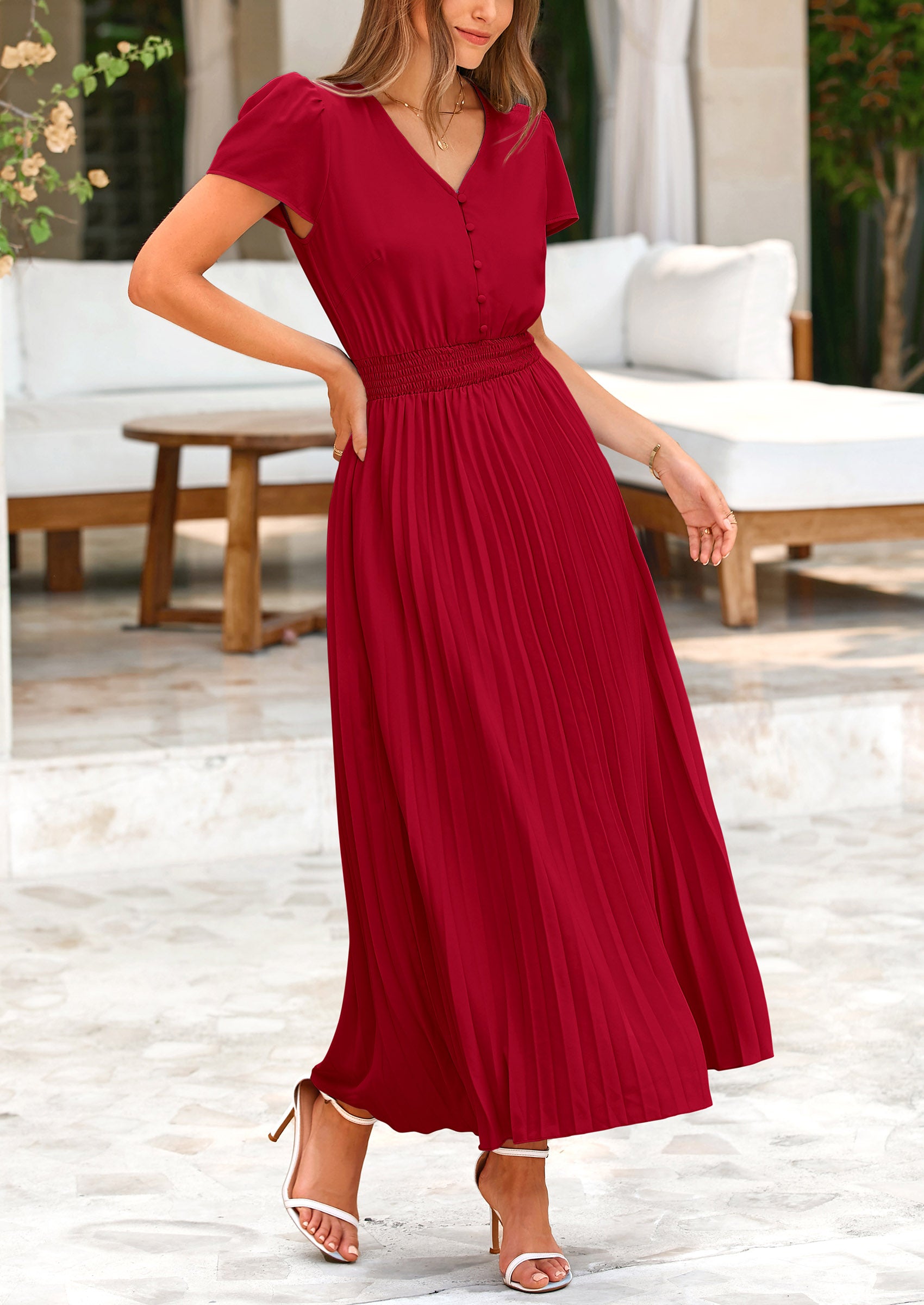 PRETTYGARDEN Women's Maxi Dresses Summer Trendy Cap Short Sleeve Button V Neck Casual Flowy Pleated Long Dress