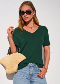 PRETTYGARDEN Womens Short Sleeve Sweater V Neck Trendy Pullover Tops Summer Spring Loose Lightweight Casual Blouse PRETTYGARDEN