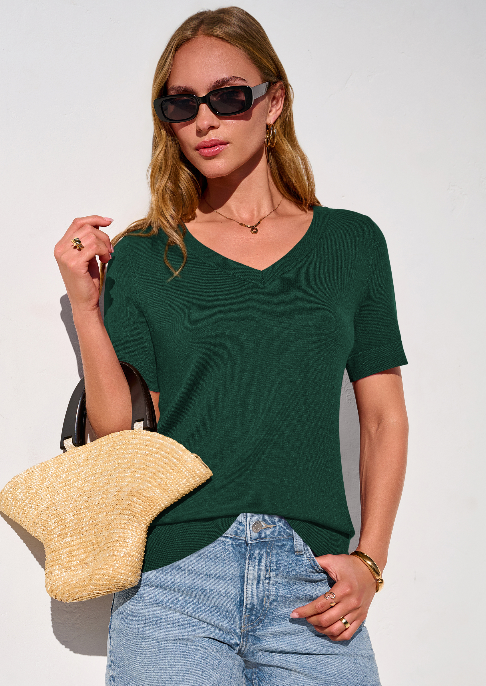 PRETTYGARDEN Womens Short Sleeve Sweater V Neck Trendy Pullover Tops Summer Spring Loose Lightweight Casual Blouse PRETTYGARDEN