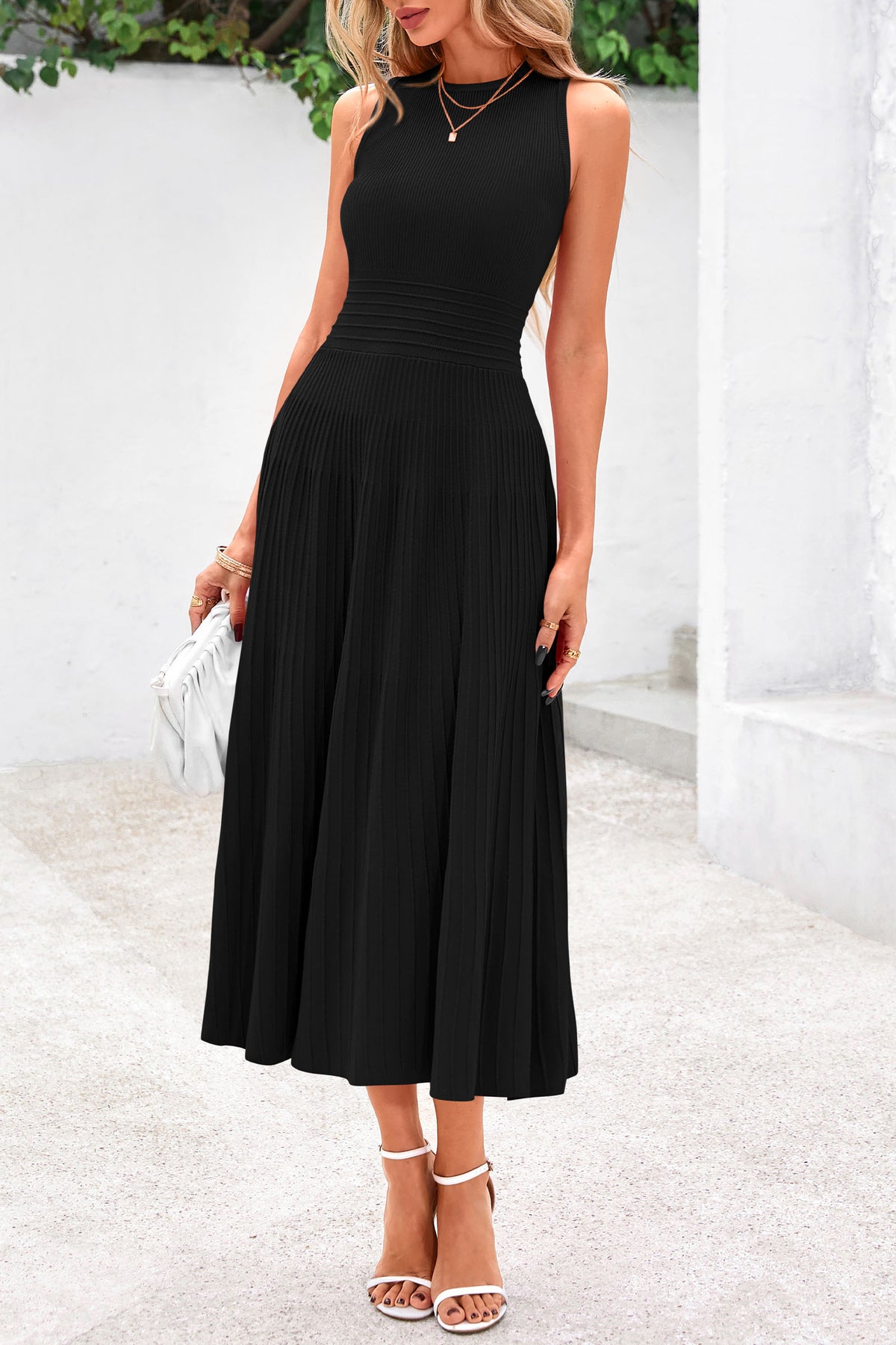 Women's Summer Midi Dresses 2025 Sleeveless Crewneck Knit A Line Pleated Swing Wedding Guest Casual Tank Dress