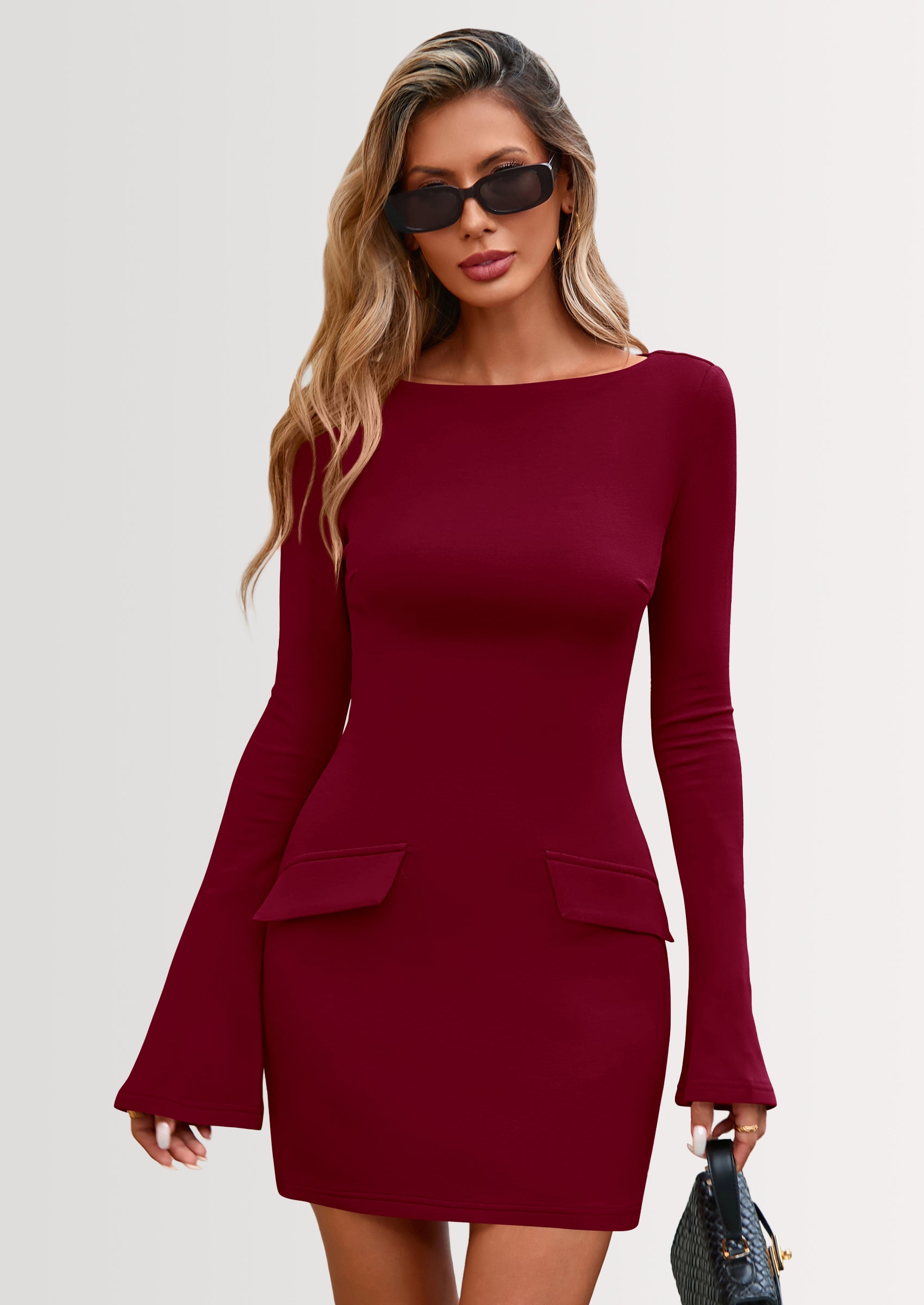 PRETTYGARDEN Womens Fall Long Sleeve Mini Dress Trendy Boat Neck Bodycon Knit Elegant Short Party Dresses