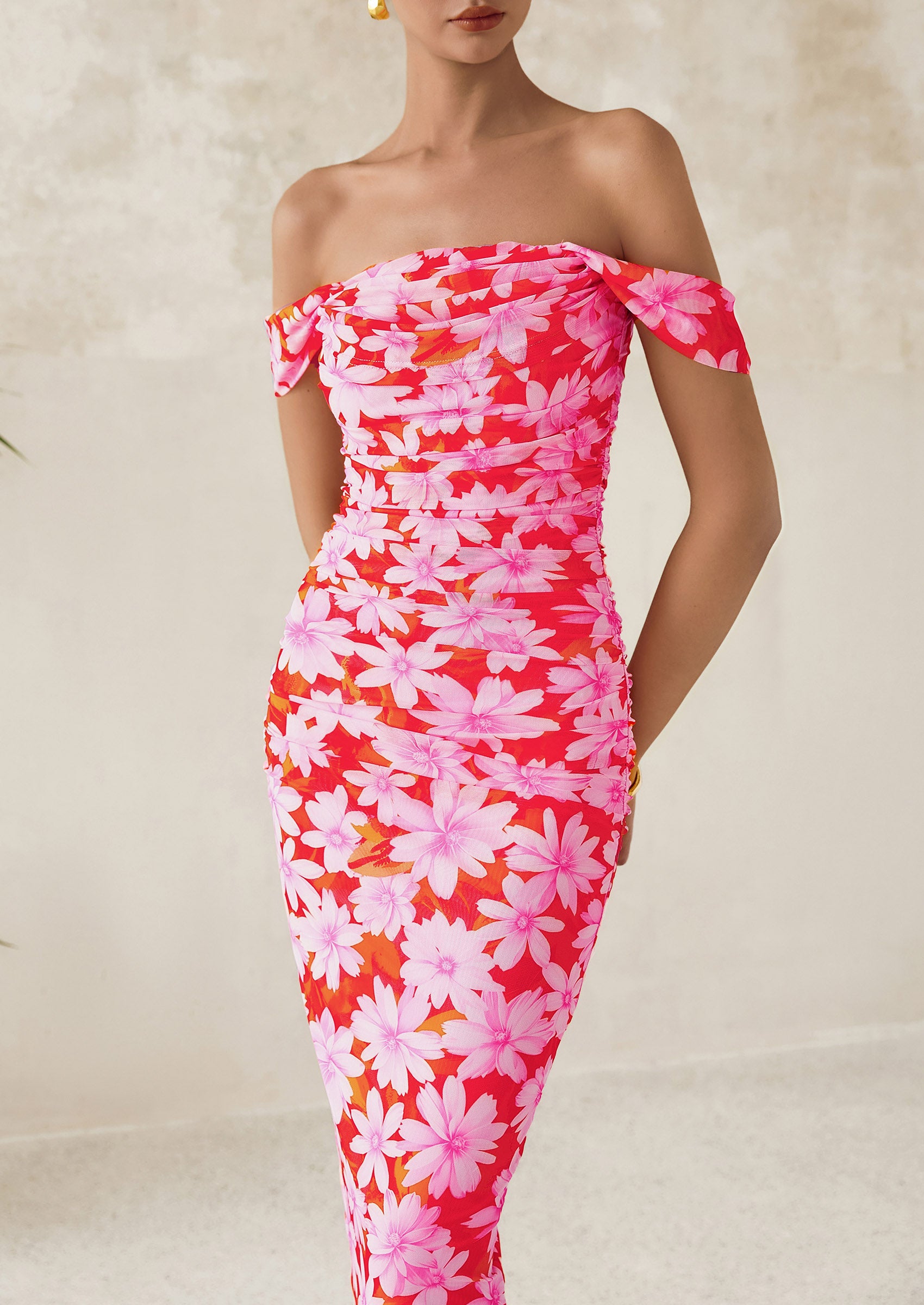 PRETTYGARDEN Maxi Dresses for Women Summer Elegant Floral Off Shoulder Ruched Mesh Cocktail Wedding Guest Dress