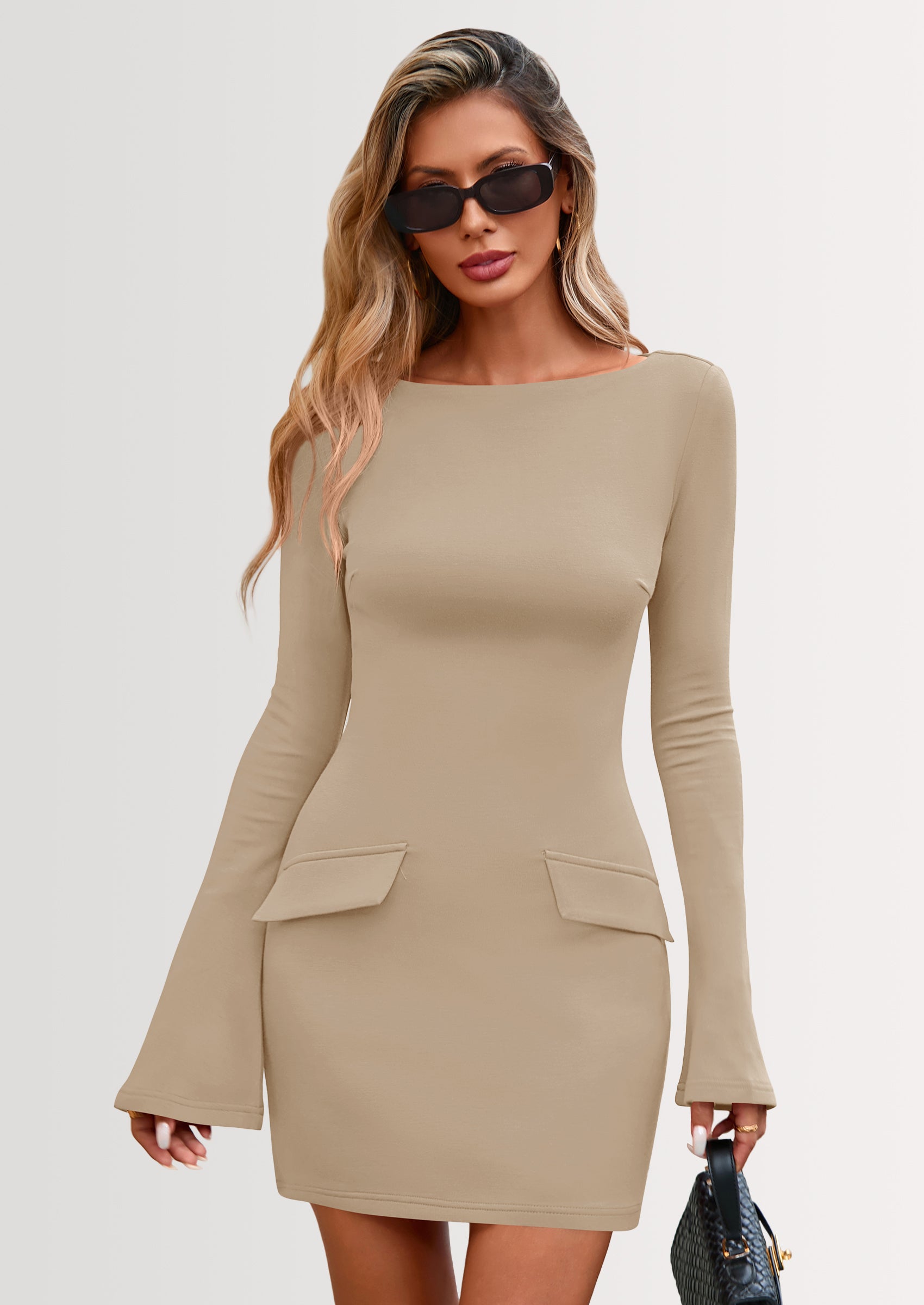 PRETTYGARDEN Womens Fall Long Sleeve Mini Dress Trendy Boat Neck Bodycon Knit Elegant Short Party Dresses