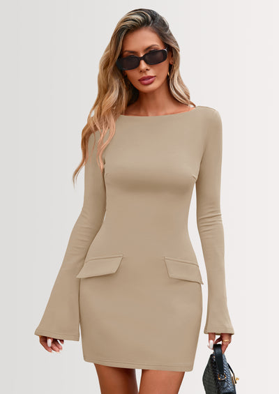 PRETTYGARDEN Womens Fall Long Sleeve Mini Dress Trendy Boat Neck Bodycon Knit Elegant Short Party Dresses