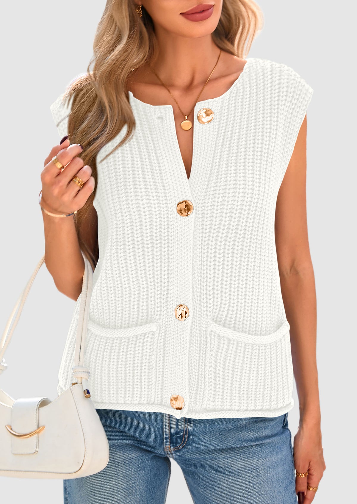 Sleeveless Button Down Cropped Chunky Knit Cardigan Trendy Tank Tops with Pockets