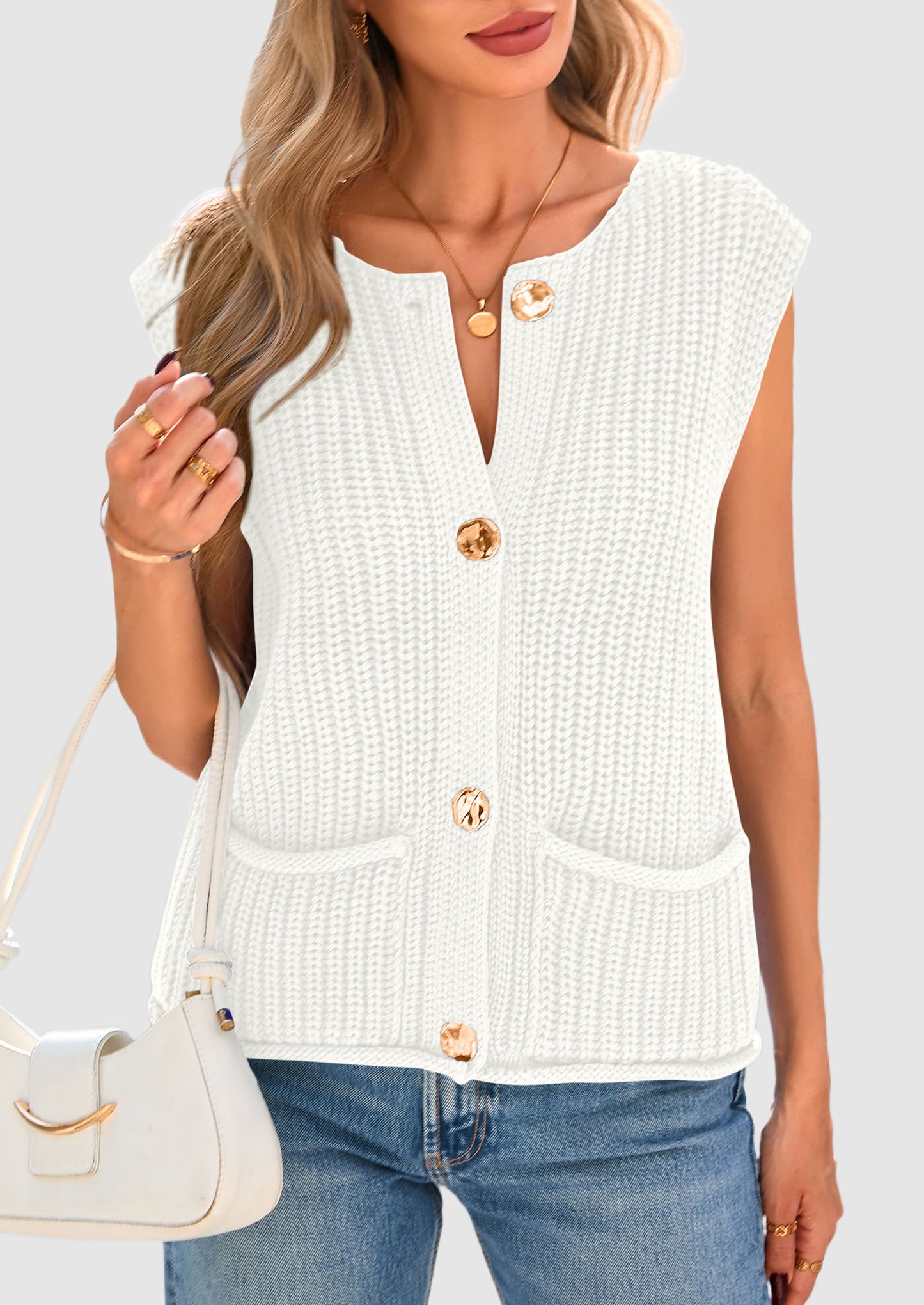 Women's Sweaters Vest 2025 Sleeveless Button Down Cropped Chunky Knit Cardigan Trendy Tank Tops with Pockets