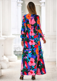 PRETTYGARDEN Women's Fall Boho Maxi Dress Floral Long Sleeve V Neck Flowy Belted Elegant Holiday Party Dresses