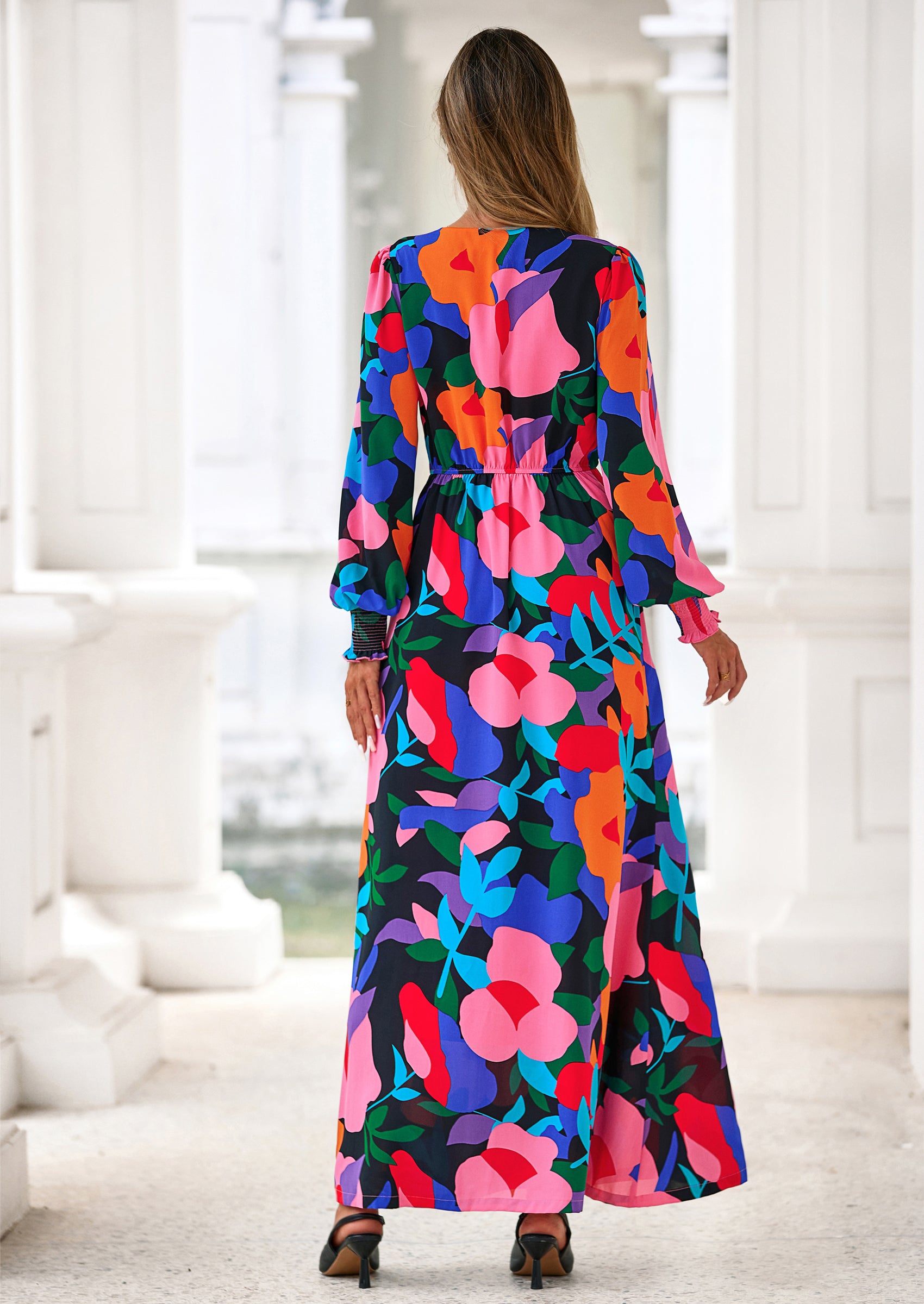 PRETTYGARDEN Women's Fall Boho Maxi Dress Floral Long Sleeve V Neck Flowy Belted Elegant Holiday Party Dresses