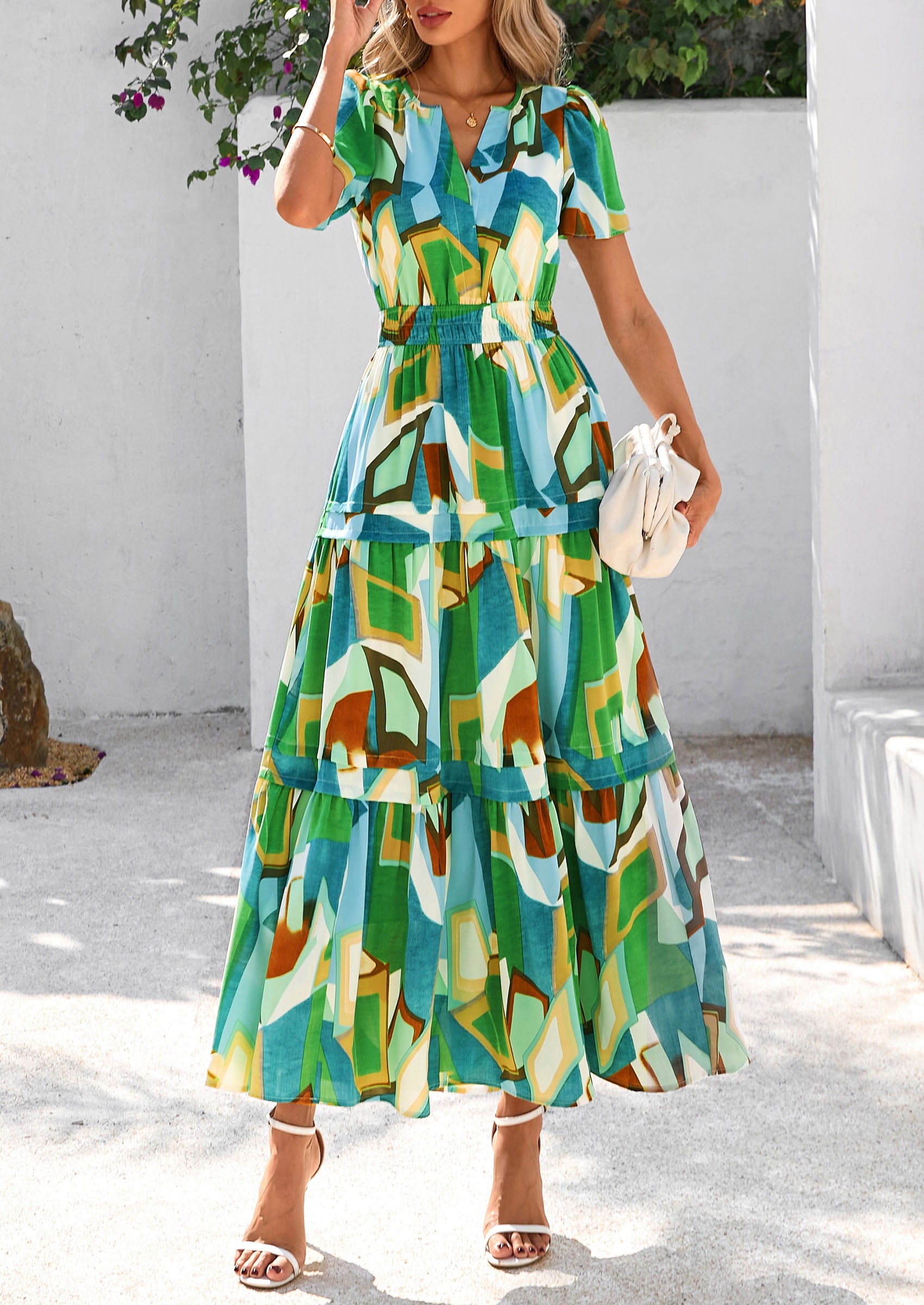 PRETTYGARDEN Women's Boho Maxi Dresses Floral Short Sleeve V Neck A Line Tiered Flowy Long Beach Vacation Dress