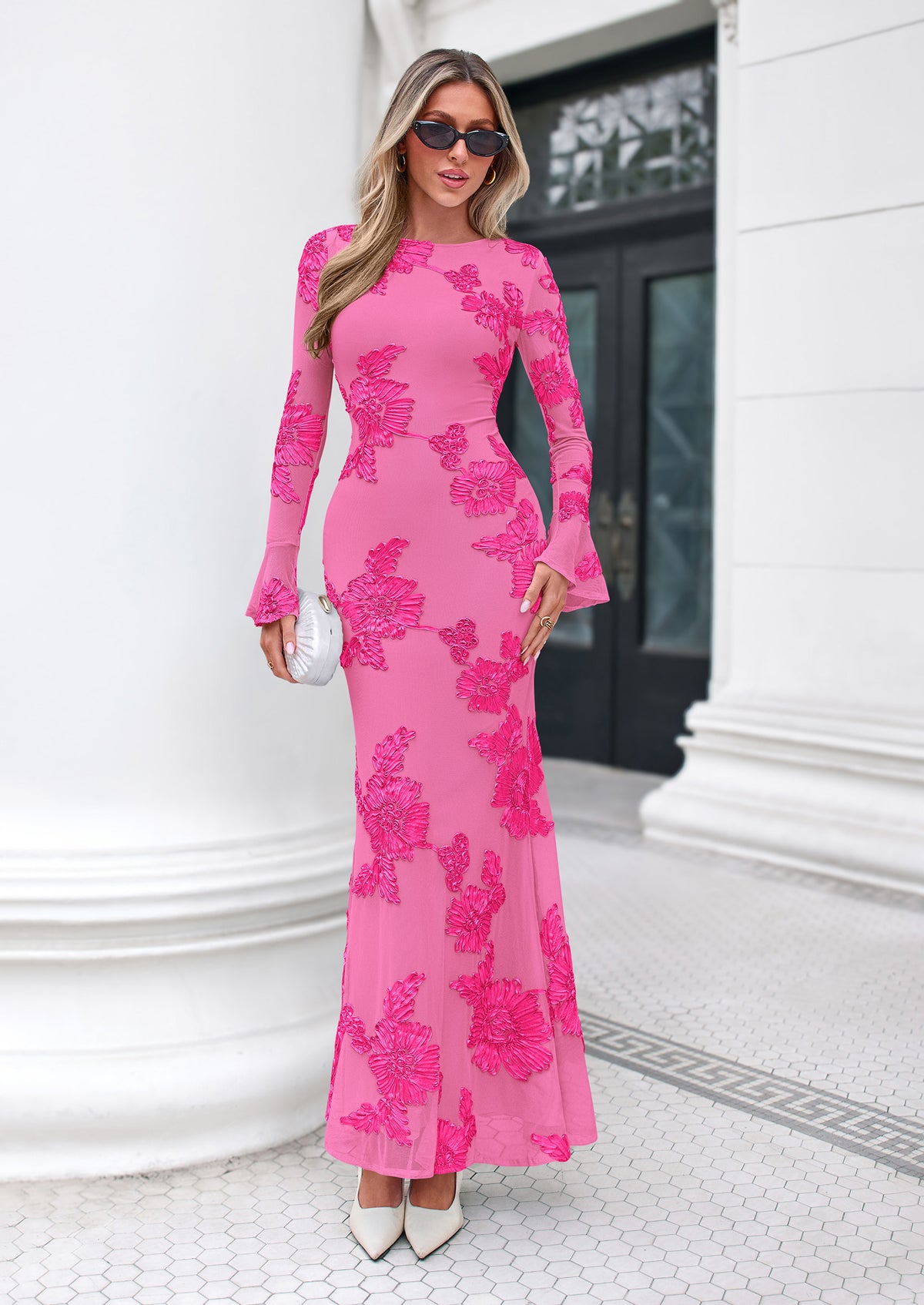 PRETTYGARDEN Women's Formal Floral Maxi Bodycon Dresses  Ruffle Long Sleeve, Fall Winter Outfits 2026 for Wedding Guest, Homecoming & Cocktail, Slimming Mesh Dress with Lining