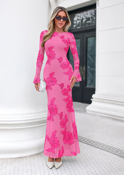 PRETTYGARDEN Women's Formal Floral Maxi Bodycon Dresses  Ruffle Long Sleeve, Fall Winter Outfits 2026 for Wedding Guest, Homecoming & Cocktail, Slimming Mesh Dress with Lining