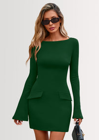 PRETTYGARDEN Womens Fall Long Sleeve Mini Dress Trendy Boat Neck Bodycon Knit Elegant Short Party Dresses