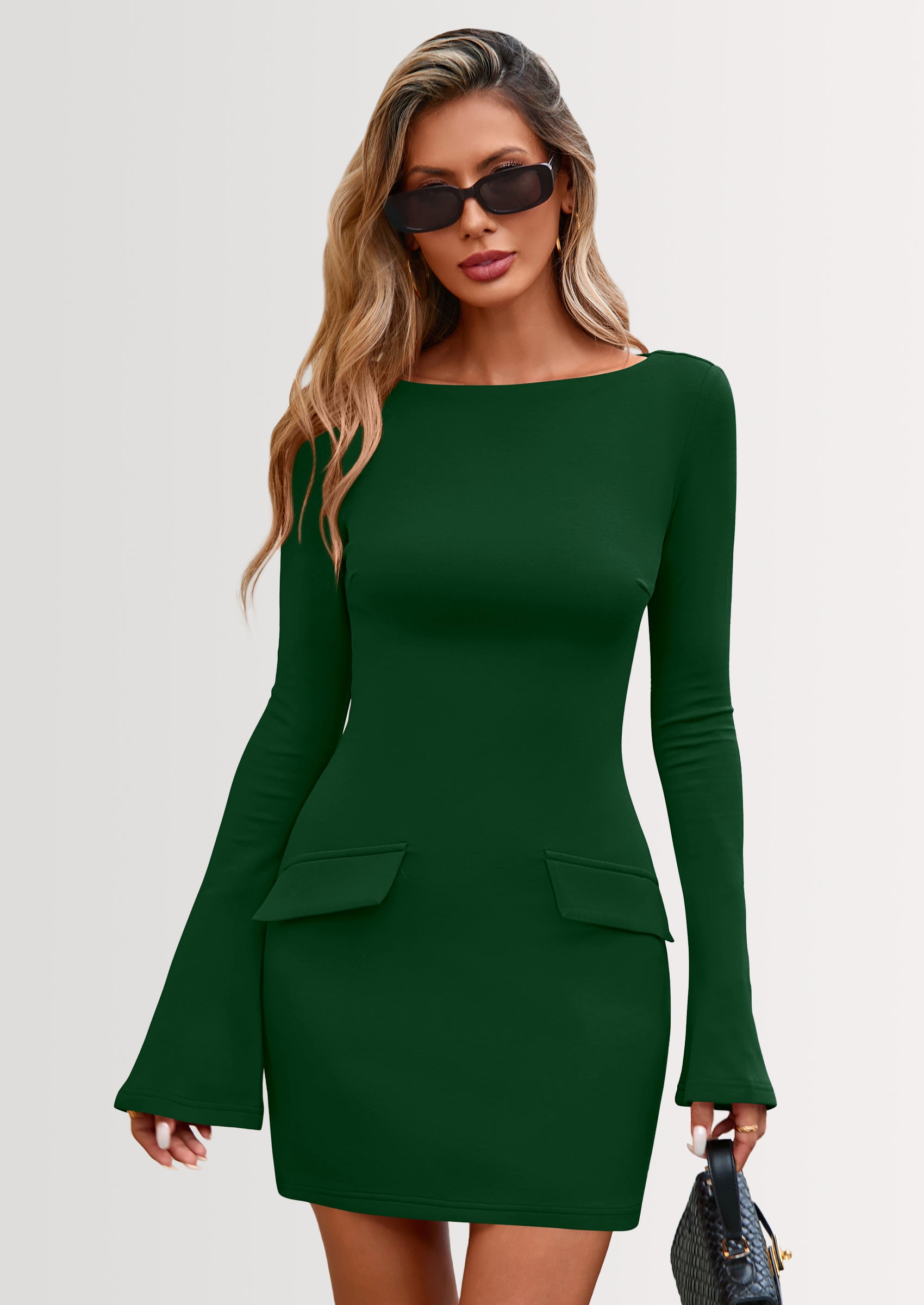 PRETTYGARDEN Womens Fall Long Sleeve Mini Dress Trendy Boat Neck Bodycon Knit Elegant Short Party Dresses