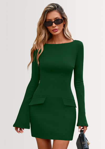 PRETTYGARDEN Womens Fall Long Sleeve Mini Dress Trendy Boat Neck Bodycon Knit Elegant Short Party Dresses