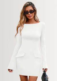 PRETTYGARDEN Womens Fall Long Sleeve Mini Dress Trendy Boat Neck Bodycon Knit Elegant Short Party Dresses