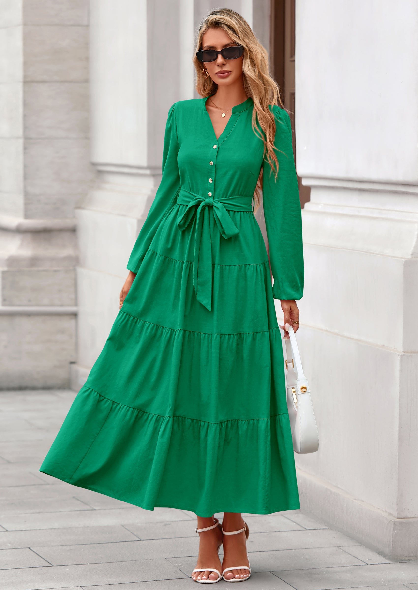 PRETTYGARDEN Fall Dresses for Women Long Sleeve V Neck Belted Ruffle A Line Flowy Boho Maxi Wedding Guest Dress Pockets
