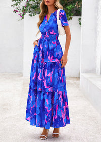 Summer Boho Floral Short Sleeve V Neck A Line Tiered Ruffle Flowy Long Beach Vacation Maxi Dresses