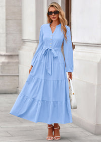 PRETTYGARDEN Fall Dresses for Women Long Sleeve V Neck Belted Ruffle A Line Flowy Boho Maxi Wedding Guest Dress Pockets