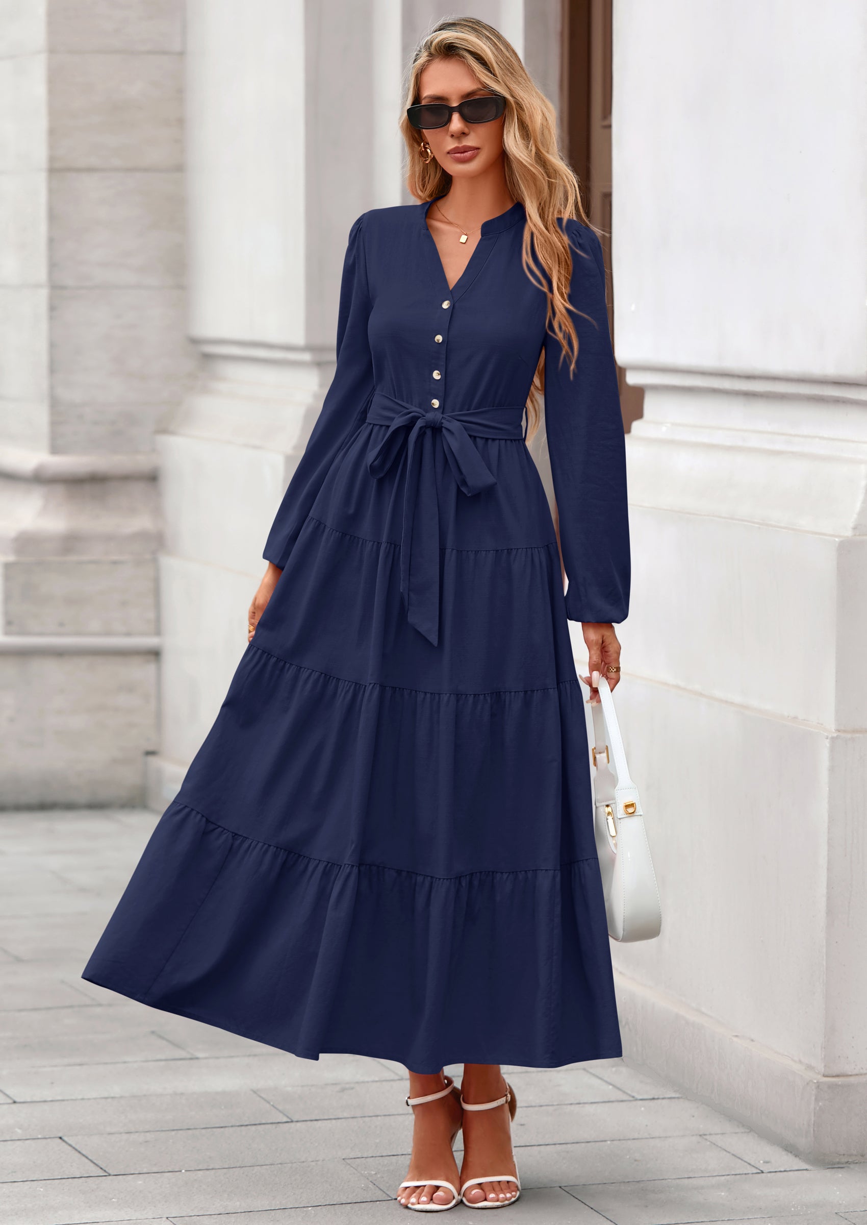PRETTYGARDEN Fall Dresses for Women Long Sleeve V Neck Belted Ruffle A Line Flowy Boho Maxi Wedding Guest Dress Pockets