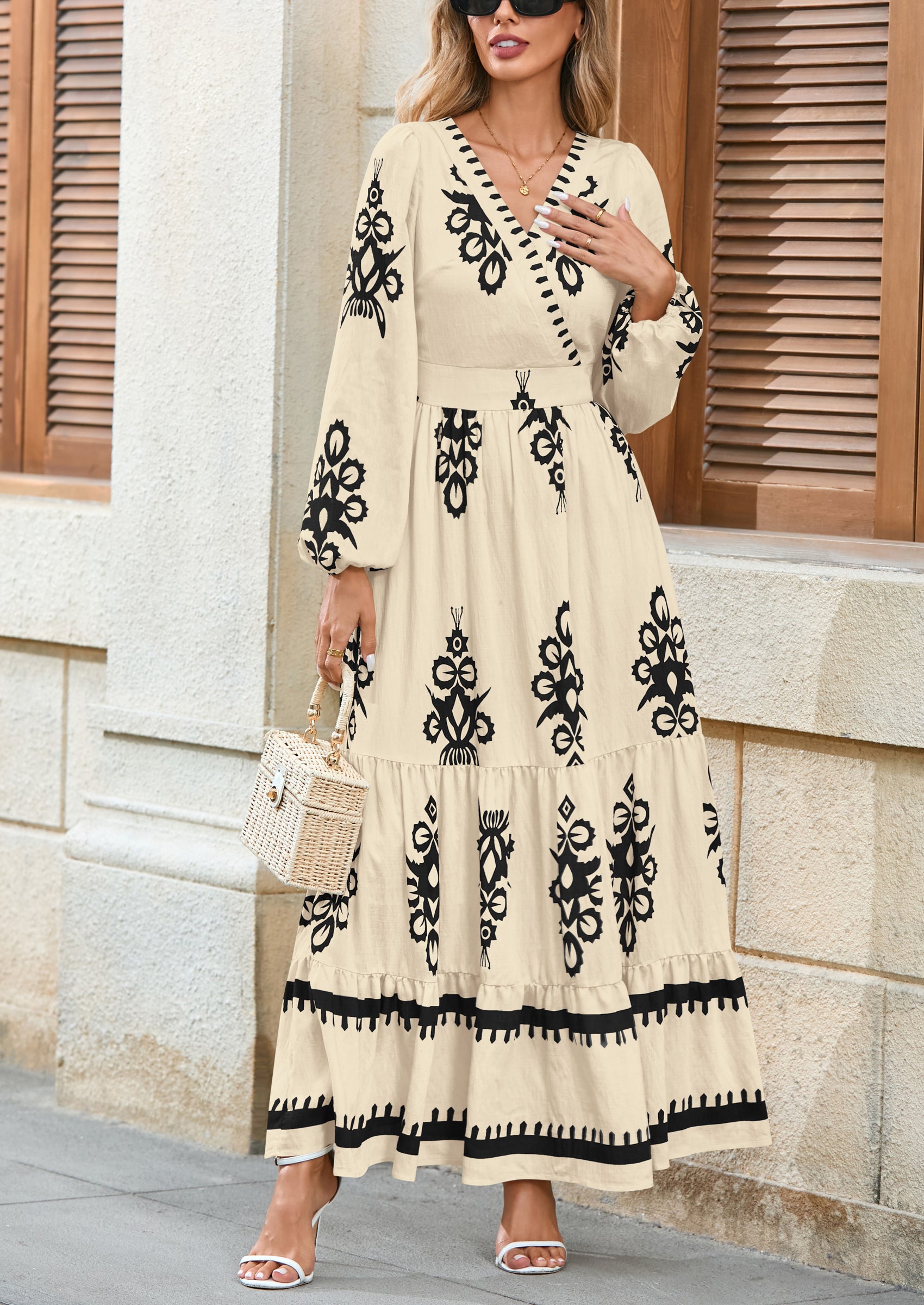 PRETTYGARDEN Women's Fall Wedding Guest Dresses Boho Floral Long Sleeve V Neck Flowy Elegant Maxi Dress Beach Clothes