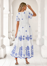 PRETTYGARDEN Boho Dresses for Women Summer Spring Casual Floral Short Sleeve V Neck Maxi Elastic Waist Dress Pockets PRETTYGARDEN