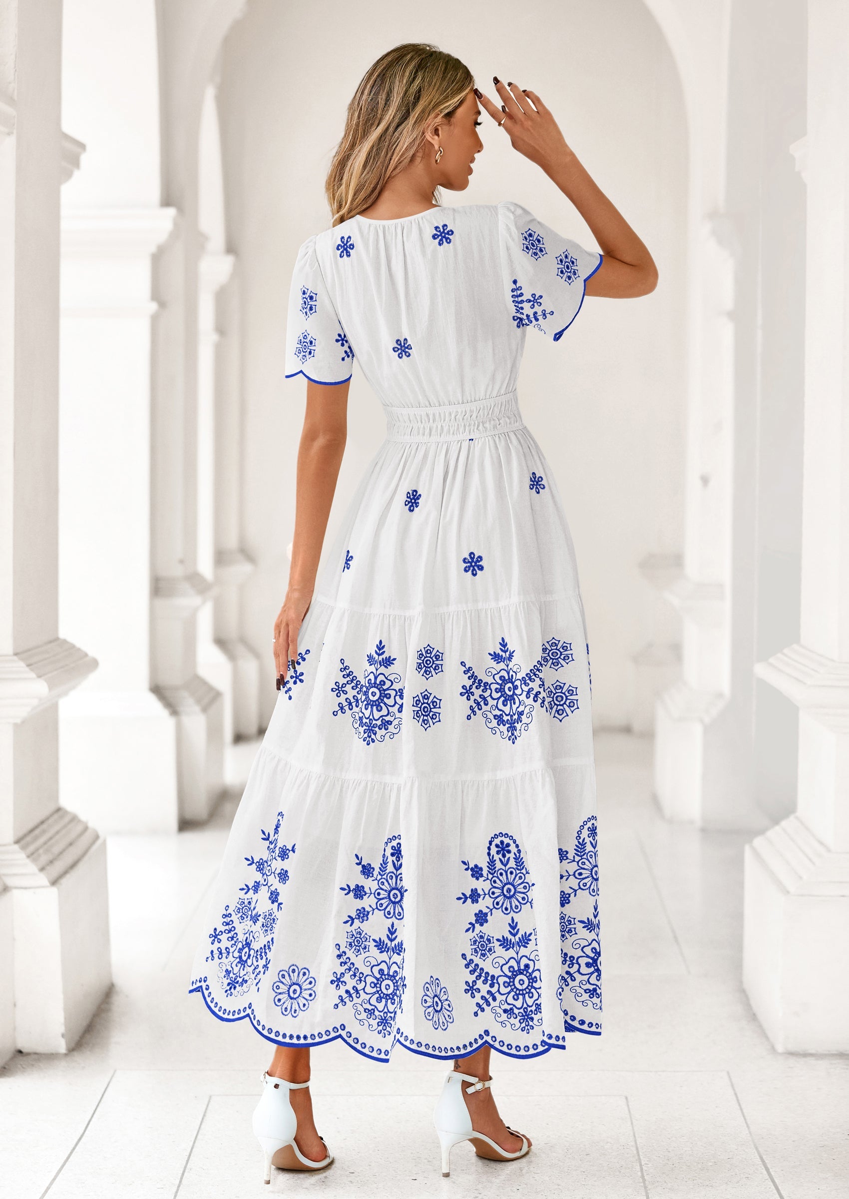 PRETTYGARDEN Boho Dresses for Women Summer Spring Casual Floral Short Sleeve V Neck Maxi Elastic Waist Dress Pockets PRETTYGARDEN