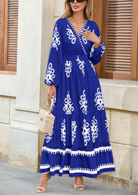 PRETTYGARDEN Women's Fall Wedding Guest Dresses Boho Floral Long Sleeve V Neck Flowy Elegant Maxi Dress Beach Clothes