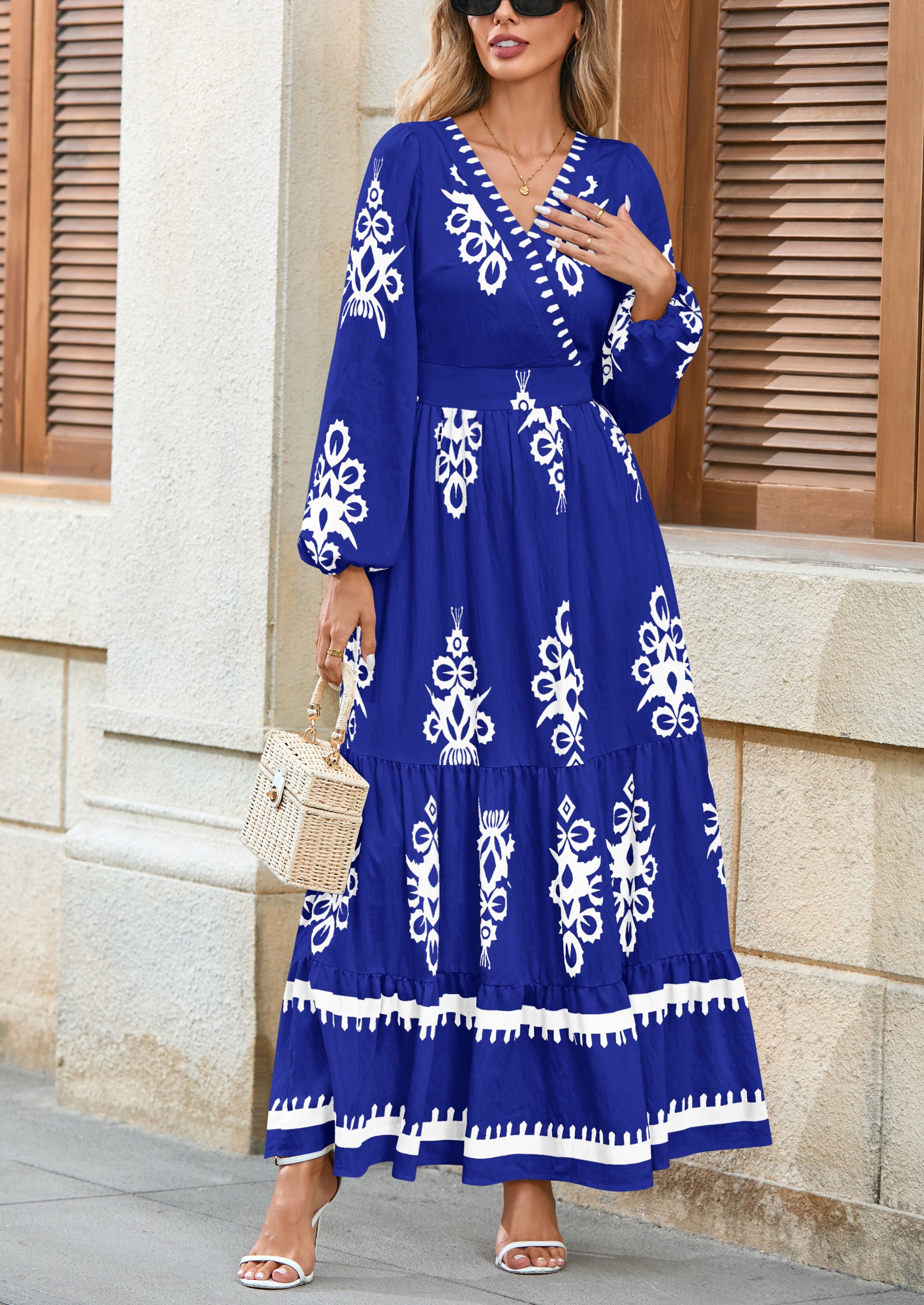 PRETTYGARDEN Women's Fall Wedding Guest Dresses Boho Floral Long Sleeve V Neck Flowy Elegant Maxi Dress Beach Clothes