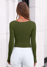 PRETTYGARDEN Bodysuits for Women Fall Long Sleeve Shirts V Neck Slim Fitted Basic Tees Going Out Tops Fashion Clothing