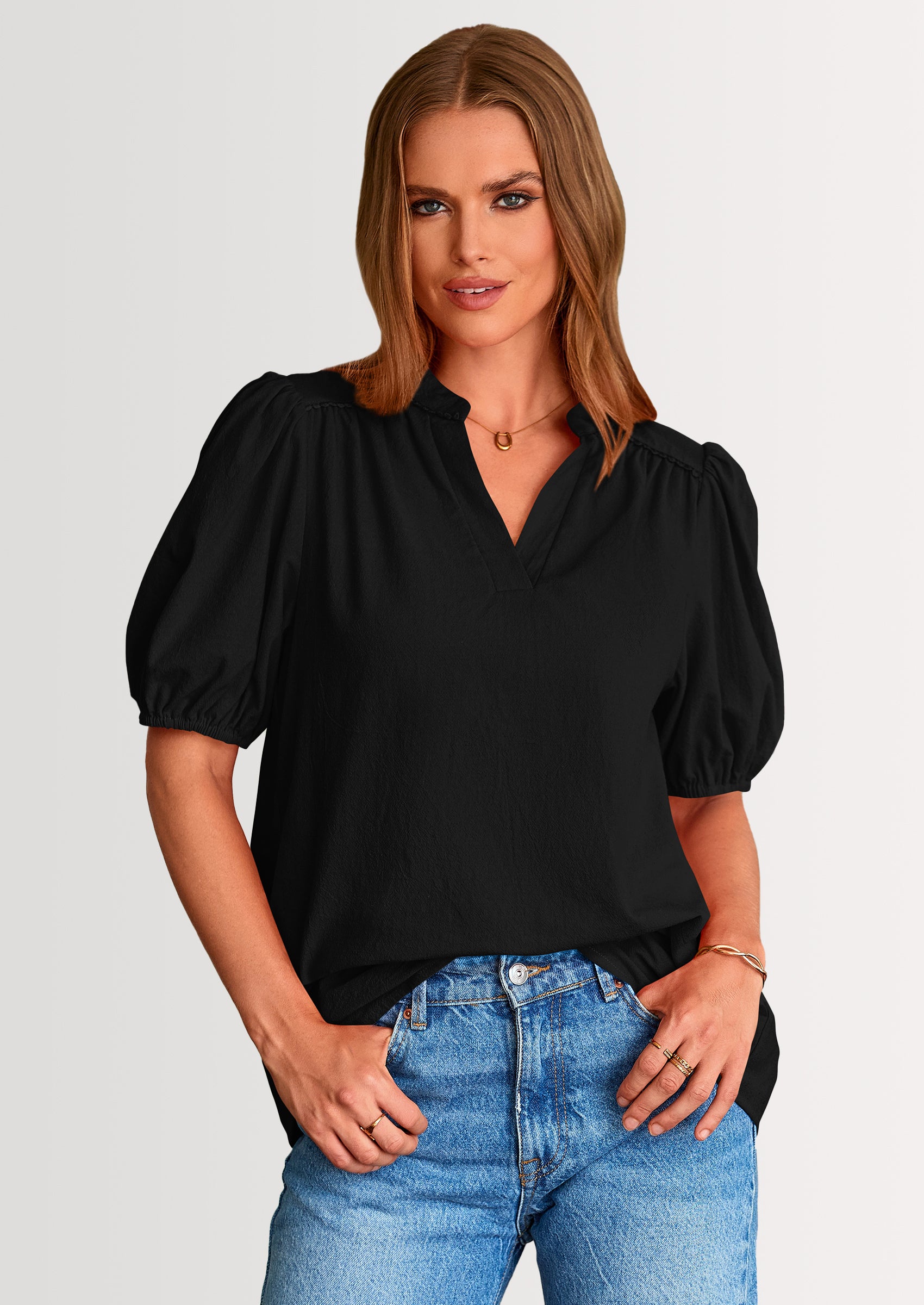 PRETTYGARDEN Womens Casual Summer Tops V Neck Short Puff Sleeve Pleated Cotton T Shirts Loose Dressy Blouses