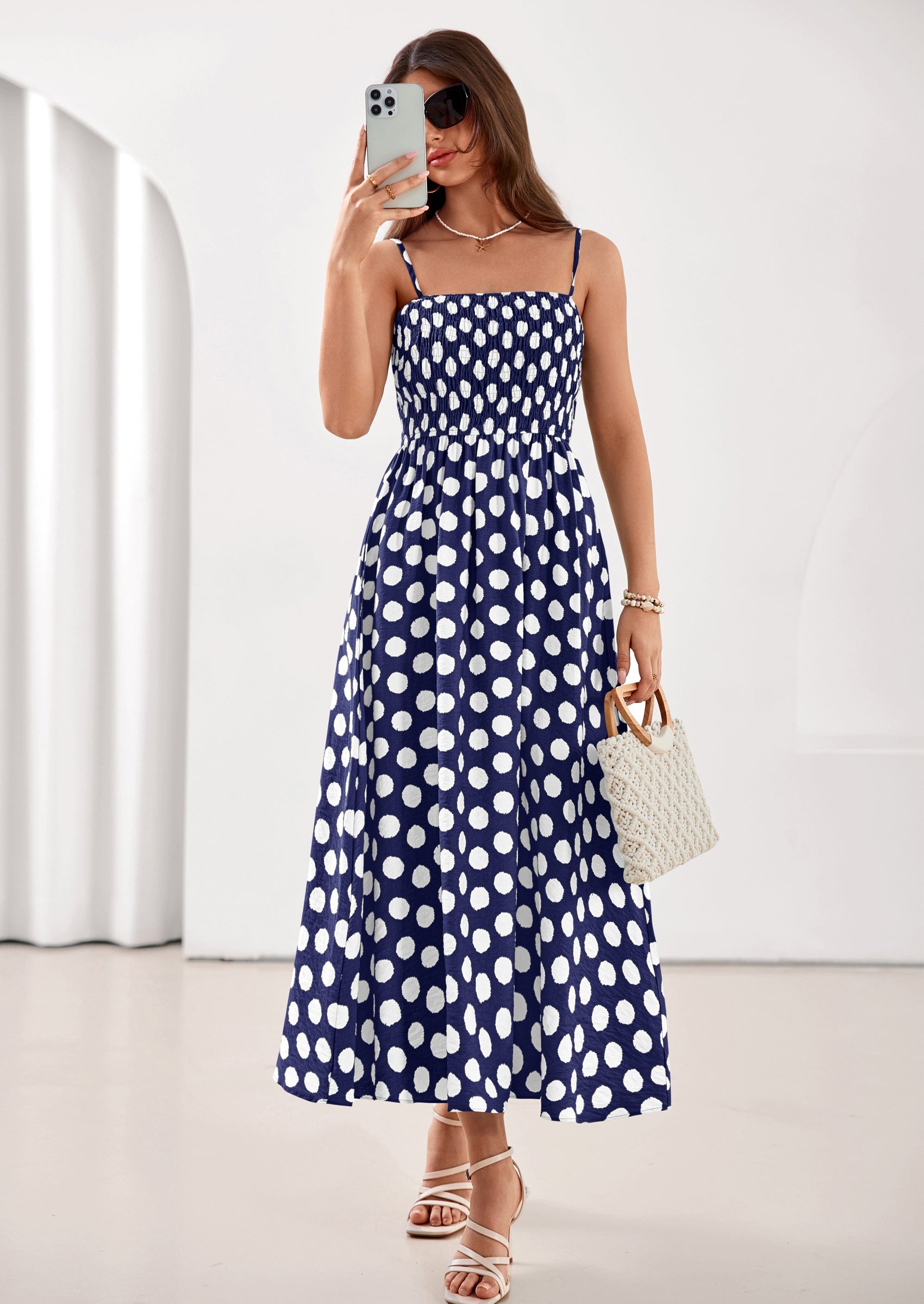 PRETTYGARDEN Womens Summer Dresses Spring Sleeveless Spaghetti Straps Casual Midi Dress Polka Dot Smocked Beach Sundress PRETTYGARDEN