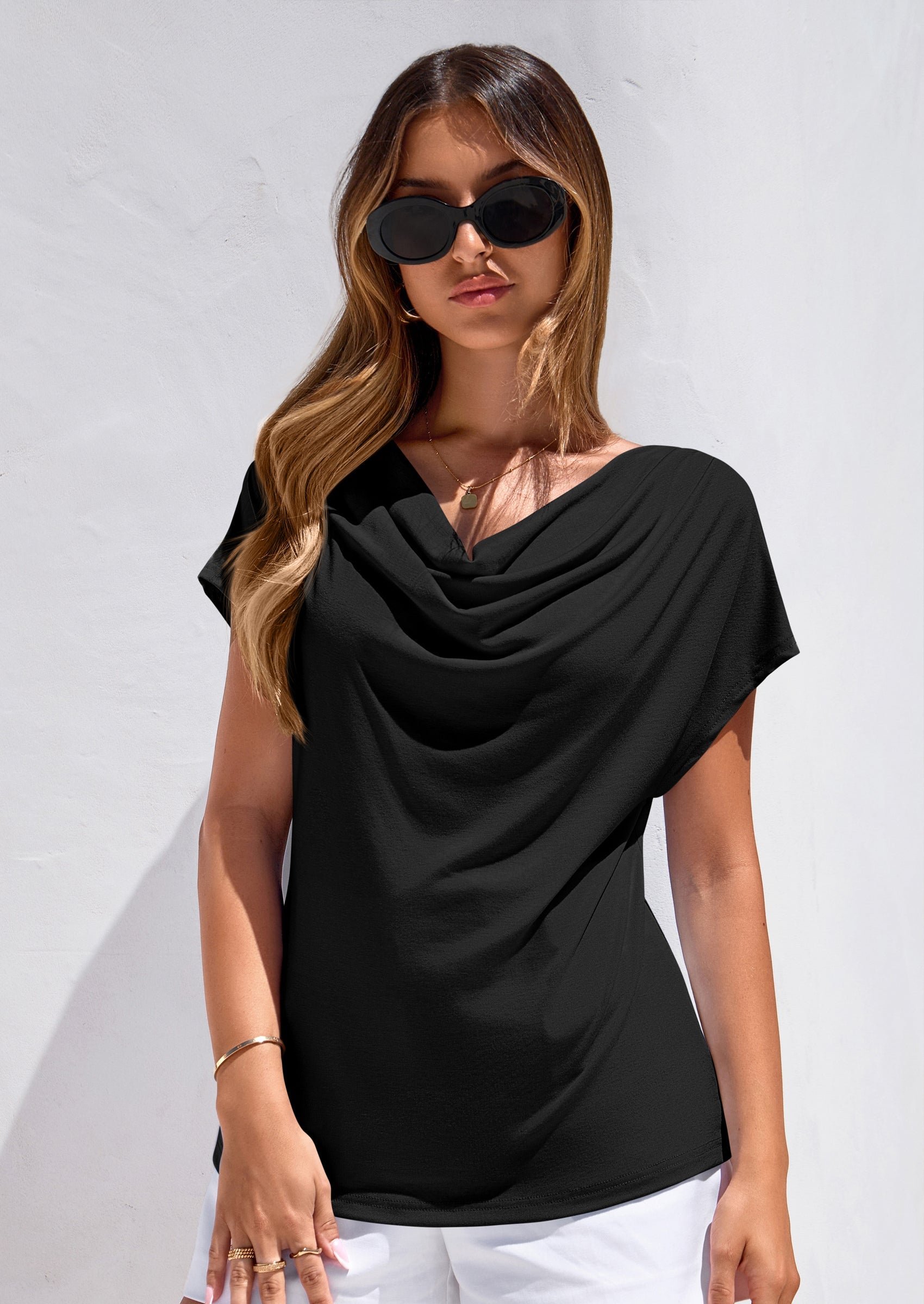 PRETTYGARDEN Blouses for Women Dressy Casual Summer Cowl Neck Short Sleeve Tops Spring Work Office Teacher Shirts PRETTYGARDEN