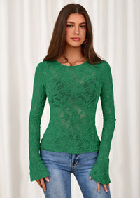 PRETTYGARDEN Womens Lace Long Bell Sleeve Tops Fall Sexy See Through Sheer Floral Blouse Shirt Fitted Going Out Outfits