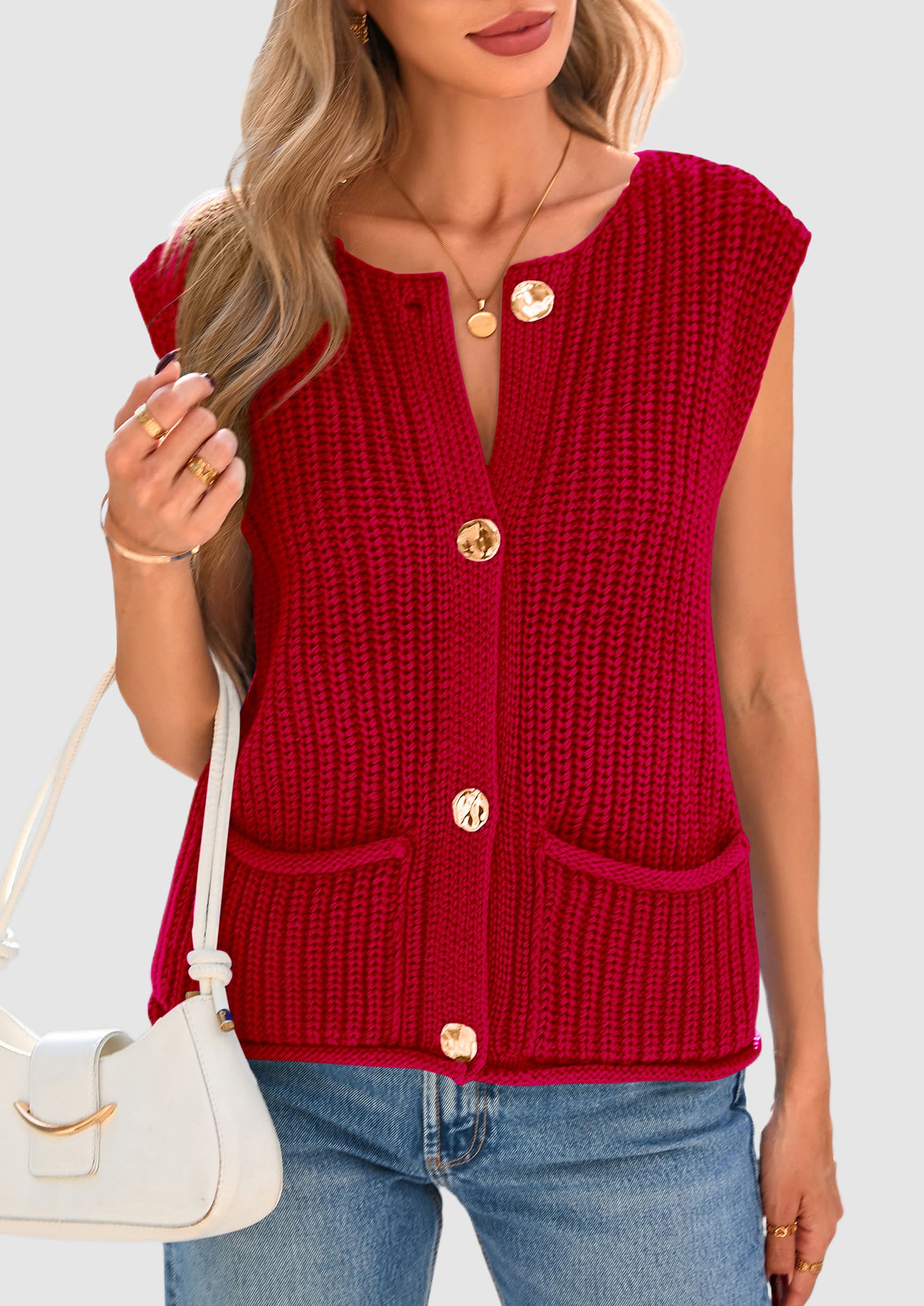 Women's Sweaters Vest 2025 Sleeveless Button Down Cropped Chunky Knit Cardigan Trendy Tank Tops with Pockets