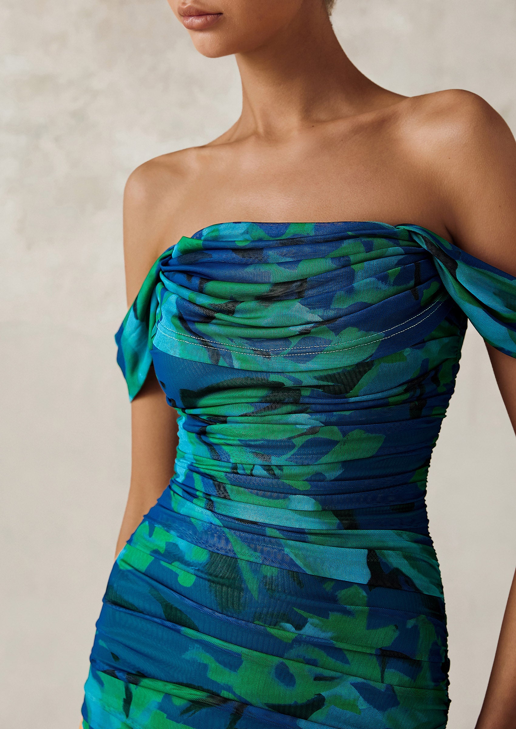 PRETTYGARDEN Maxi Dresses for Women Summer Elegant Floral Off Shoulder Ruched Mesh Cocktail Wedding Guest Dress