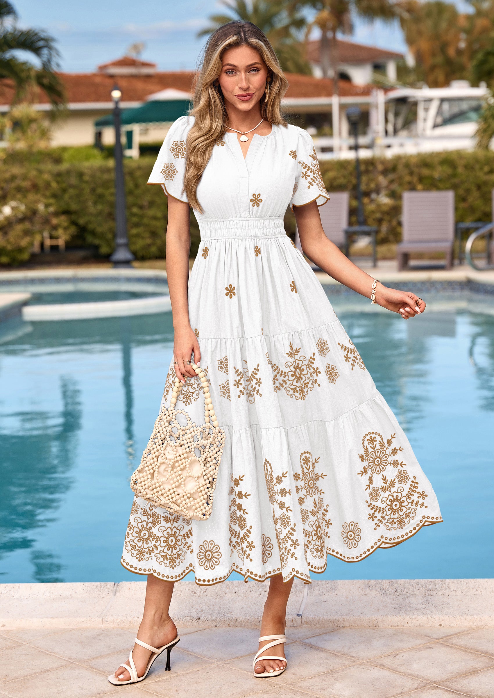 PRETTYGARDEN Boho Dresses for Women Summer Spring Casual Floral Short Sleeve V Neck Maxi Elastic Waist Dress Pockets