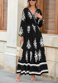 PRETTYGARDEN Women's Fall Wedding Guest Dresses Boho Floral Long Sleeve V Neck Flowy Elegant Maxi Dress Beach Clothes